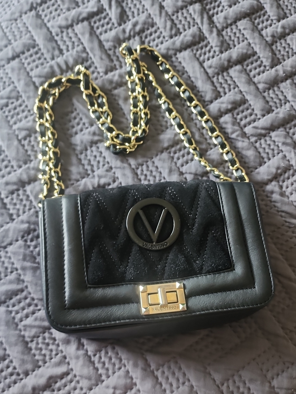 Valentino Black Quilted Crossbody Bag with Gold Chain